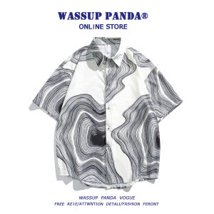 Wassup Panda Japanese Retro Floral Full Print Short Sleeve Mens Summer Hawaiian Beach Shirt Jacket Loose Fit Polyester Fiber