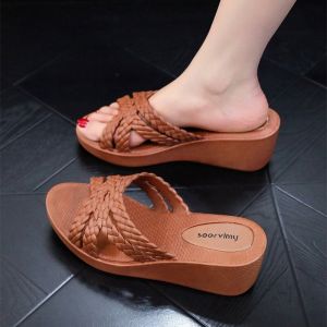 Summer New Womens Slippers Comfortable High Heel Indoor Home Bathroom Anti-Slip Thick Bottom Slope Heel Sandals