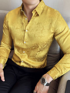 เสื้อเชิ้ตแขนยาวผู้ชายคุณภาพสูง ลายดอกไม้สีเข้ม ทรงสลิมฟิต แฟชั่นฤดูใบไม้ร่วง 2025 ลำลอง เสื้อเชิ้ตผู้ชายที่สวมใส่สบาย