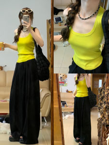 Áo Vest Dệt Kim Không Tay Màu Vàng Gợi Cảm Mùa Hè Áo Ba Lỗ Phong Cách Mỹ Dành Cho Nữ Áo Chui Đầu Cổ Tròn Dài Vừa Phải