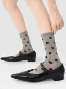 PRIMEET | Ballet Style Bow Gray Socks Medium Tube & Long
