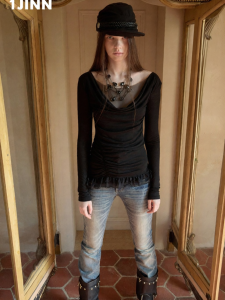 1JINN STUDIO | Retro Draped Lace Double Layered Slim Fit Top