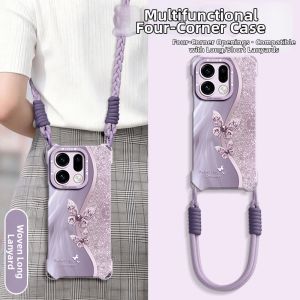 Shockproof Silicone Phone Case with Long Crossbody Lanyard for Find X10 Pro Max/X7 Ultra/X9S Pro/X8U/X7 Crystal Butterfly Design