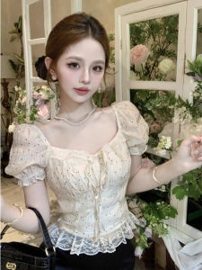 Sweet Summer Slim Fit Short Shirt Large Size French Lace Trim Polka Dot Bubble Sleeve Trendy Womens Korean Style Commute Blouse