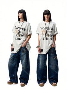 1JINN STUDIO | Floral Letter Print Oversized Loose Drooping Shoulder Rhinestone T-Shirt