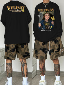 Trendy Cotton Long Sleeve T-Shirt Mens Spring Autumn American Style Oversize Letter Print Retro Top Ins Loose Fit round Neck