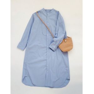 Long Sleeve Cotton Dress Midi Shirt Dress Womens Loose Fit Stand Collar Pure Color Autumn Fashion Simple Versatile Dress
