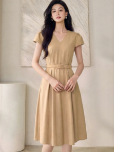 Roey s house | Elegant Caramel V-neck Belted Waist A-line Dress for Work Casual in Linen