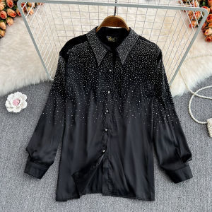 Spring Fashion Slimming Loose Single-Button Long Sleeve Womens Shirt Sparkling Diamond Korean Style Commute Pure Color