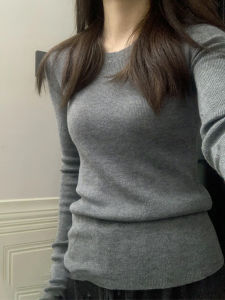 Lusi Same Style Gray round Neck Long sleeve Knit Womens Spring New Plus size Chubby Girl Slimming All-Matching Bottoming Shirt Top