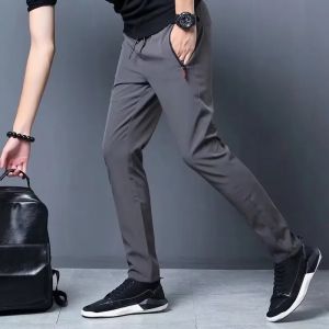 Ice Silk Pants Mens Summer Thin Business Versatile Slim Solid Color Straight Elastic Sports Quick-drying Casual Pants Trousers