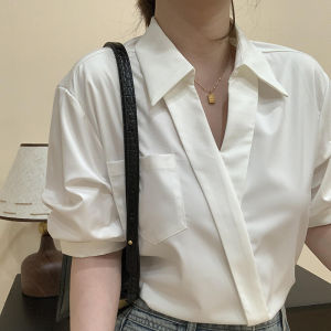 Elegant White V-Neck Shirt for Women Summer New Style Commute Professional Interview Casual Loose Fit Polyester Fiber