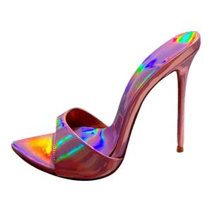 Transparent Pointed Toe High Heel Slippers Womens Denim Outdoor Wear Open Toe Slip-On Shoes Thin Strap PU Leather