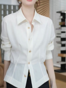 QINGNAER | French Style Elegant Polo Collar Long Sleeve Shirt Large Size