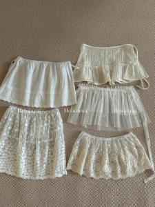 Winter 2024 Women's A-Line Mini Skirt: Pure Color Lace Mesh Belted Flounce Sweet High Waist Short Skirt Korean Style Commute