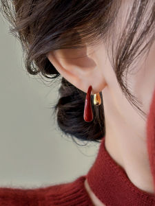 Retro Wine Red Teardrop Shaped Pure Silver Earrings Womens Fashion Jewelry Two-Way Wear Allergy-Free Alloy/Dipped Gold