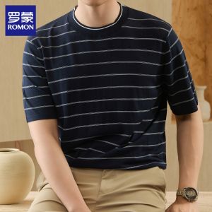 ROMON | Mens Summer Classic T-Shirt Knit Stripe Loose Fit Round Neck