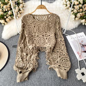 Retro Ethnic Style round Neck Tassel Crochet Cut Out Batwing Sleeve Short Pullover Knitwear Blouse Womens Casual Coat