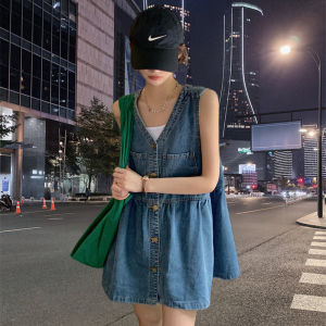 สไตล์ Hebe คอวี เดนิม เสื้อกั๊ก เดรส ผู้หญิง แฟชั่น Ageless ฤดูใบไม้ผลิ ฤดูร้อน สูง เอว ทรงเอ กระโปรงสั้น กระโปรงกระดุมเดียว