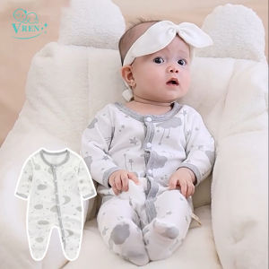 VREN Baby Cotton Newborn Romper Star Moon Printed Footed Baby Bodysuit for Girls Boys Long Sleeve Autumn Toddler Clothes Infant Onesie