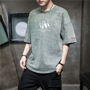 ROMON | Romon Mens Denim Short Sleeve T-shirt Summer Thin Round Neck Printed American Retro Washed Mens Fashion Top Cool Feeling