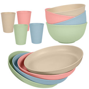 12Pcs Colourful Wheat Straw Dinnerware Sets Reusable Wheat Straw Plates and Bowls Sets Kitchen Unbreakable Dinnerware Sets