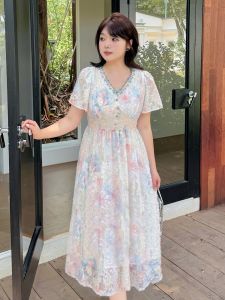 plus Size French V-Neck Dress Slimming Lace Trim Belted Long Summer Dress for Women Who Love Fashion And Comfort