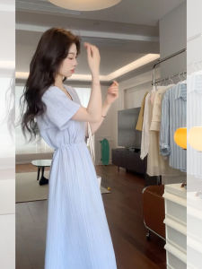 Elegant French Blue Short Sleeve Womens Dress Waist Cinched mid Length Skirt Unique Beautiful Summer New Style Commute Lady