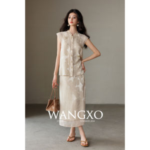 WANGXO Heaven Silk Linen Fabric Heavy Duty Satin Blouse Special Embroidery Womens Fashion Two-Piece Set Button Up Stand Collar