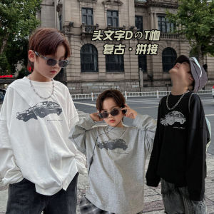 ชุดเด็กเสื้อทีเชิ้ตฤดูใบไม้ผลิและฤดูใบไม้ร่วงสำหรับเด็กผู้ชายเสื้อตัวบน Initial D วินเทจแมทช์ลุคง่ายสำหรับเด็กวัย5-12ขวบเสื้อตัวในแขนยาวผ้าฝ้ายแท้