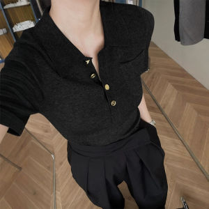 CHOEFULYN | Elegant Gray Polo Neck Ice Silk Short Sleeve T-shirt