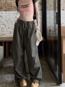 American Style High Waist Drawstring Casual Pants Women Summer Loose Trousers Spring Autumn Straight Leg Drapey Wide Leg Pants