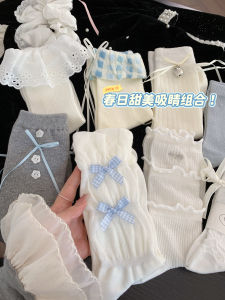 Girls Mid-Calf Socks with Butterfly Knots Spring Autumn Cotton Lace Japanese Style Junior High School Uniform White Ballet Long Tube Socks