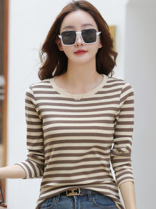Slimming Effect Cotton Striped T-Shirt Womens Long Sleeve round Neck Short Style Small Size Quality T-Shirt Inner Wear Shirt