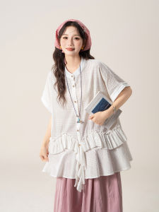 SHANGWEILUO | Áo Blouse Nữ Tay Ngắn Caro Nơ Trắng Dễ Thương Thoáng Mát