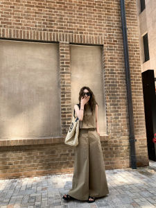 Xiaojun Jujian Milian Art Gallery การออกแบบการสวมใส่สองทางเข้ารูปพอดีเสื้อกั๊กและกางเกงขากว้างชุดสําหรับผู้หญิงแฟชั่นและอเนกประสงค์