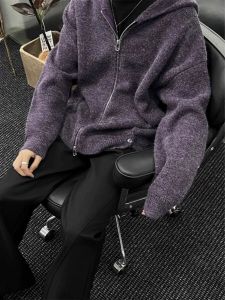 เสื้อสเวตเตอร์คาร์ดิแกนมีฮู้ดสไตล์อเมริกันย้อนยุคสำหรับผู้ชาย ฤดูใบไม้ร่วง/ฤดูหนาว เสื้อคลุมกันหนาวแบบลำลอง ทรงหลวม ทรงหลวม หลากหลายสไตล์