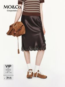 MO&Co. | Crafted Lace Acetate Shine High Waist Midi Skirt