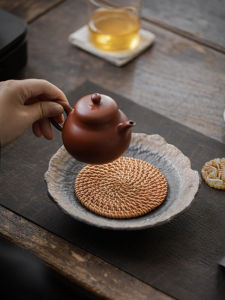 Vintage Japanese Style Purple Clay Tea Pot Tray Handmade Rattan Woven Tea Ceremony Accessories Tea Holder Plate Tea Padded Base