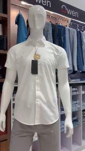 OWEN- Áo sơ mi trắng cộc tay Owen sợi sồi ( giá mác 400k) - Regularfit vạt bầu