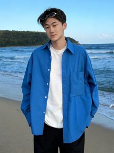 OUMULONG | Klein Blue Long Sleeve Shirt Spring Stylish Casual