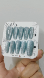 sparkling blue color cateye gel coffin shape artificial fake press on nails