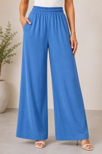 Womens Palazu Cotton High Quality Fashionable Wide Leg Pants Elastic Waist Side Pockets Casual Fit Indoor Scene