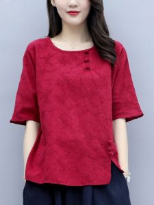 Summer New Womens Short Sleeve T-Shirt Loose Style Pure Cotton Button up Top Trendy Moms Shirt Artistic Commute Casual Fit