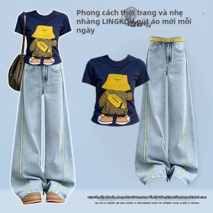 NUMEN BUTTON | Bộ Quần Áo Nữ Phong Cách Thư Giãn Kích Thước Nhỏ T-Shirt và Jeans