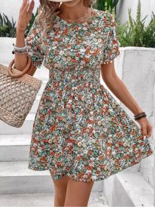 ชุดเดรสคอปกสั้นพิมพ์ลายแฟชั่น กระโปรงทรงเอเอวสูง แขนสั้น ผ้าโพลีเอสเตอร์ ชุดเดรสแฟชั่นฤดูใบไม้ผลิและฤดูร้อน