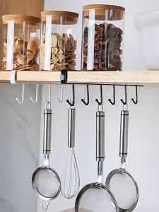 No-Drill Kitchen Storage Rack – Wall Mounted Organizer Shelf with Hooks – Household Cabinet Rack for Kitchen & Bathroom Organization