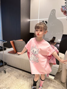 Cat Print Cotton Blend Short Sleeve T-Shirt Dress for Girls Straight Cut Summer New Arrival Childrens Clothing Butterfly Knot Dress