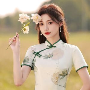 2PCS New Fashionable Cheongsam Improved Edition Dress for Women Fresh Slim Fit Temperament Mid Length Style Elegant Chinese Style Women Cheongsam