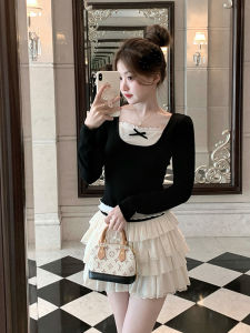 Color Block Contrast สลิมฟิต เสื้อยืดแขนสั้นแขนยาว ผู้หญิง ฤดูใบไม้ผลิ ฤดูใบไม้ร่วง ดีไซน์ Sensewala